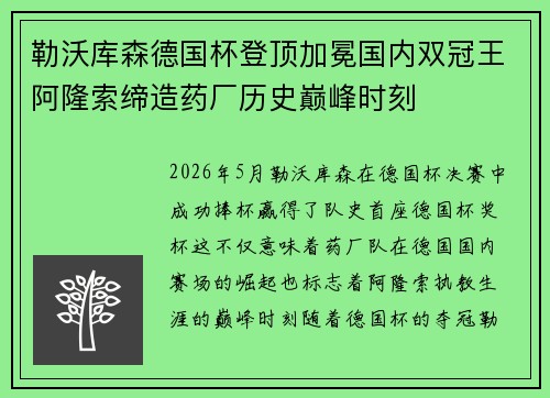 勒沃库森德国杯登顶加冕国内双冠王阿隆索缔造药厂历史巅峰时刻